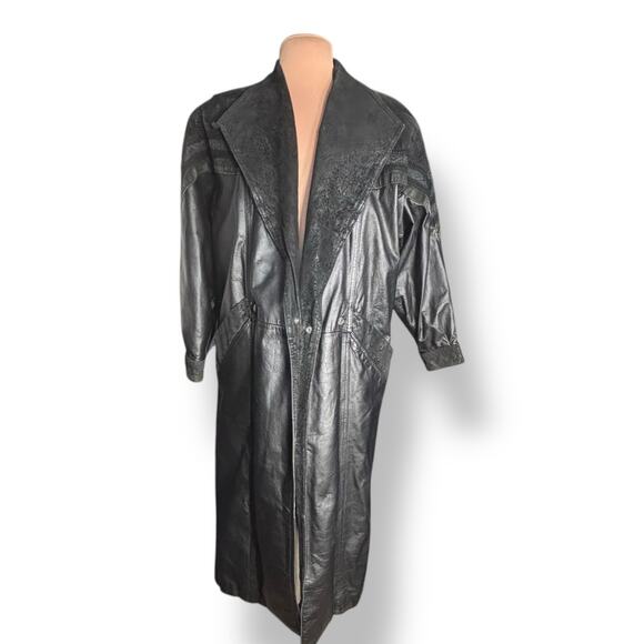Vintage Wilsons Leather Black Long Trench Coat Suede Embossed Floral Detail - Picture 1 of 16